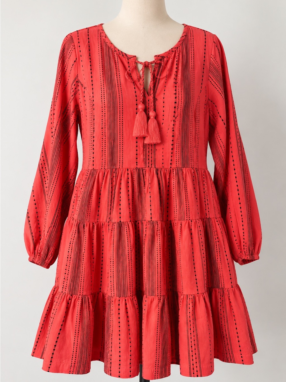 Crown & Ivy Petite Small Tiered Boho Dress Coral Black Stripe Tassel Long Sleeve